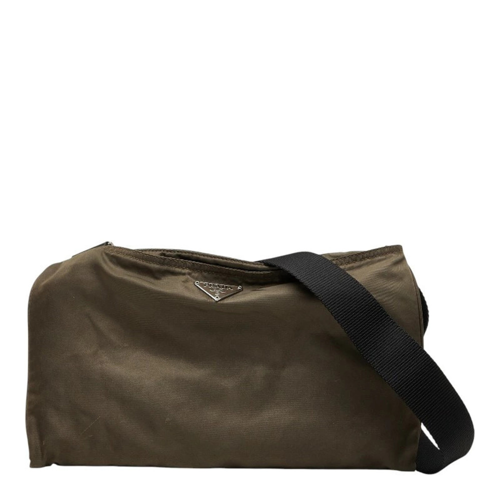 Prada Triangle Plate Tessuto Crossbody Bag Brown Leather